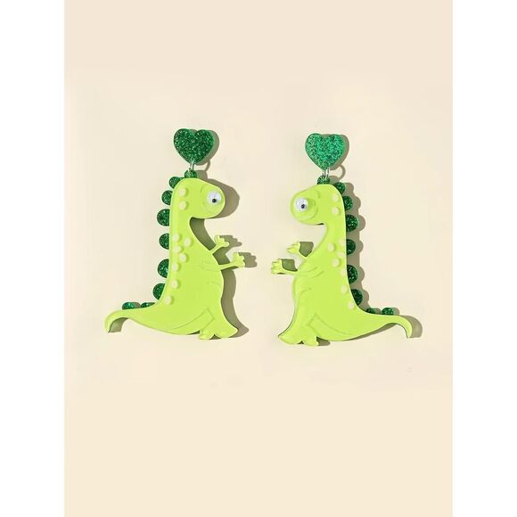 Bright Green Dinosaur‎ Earrings with Googly Eyes - Picture 4 of 8